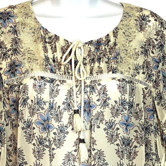 Daniel Rainn Floral Lace Trim Blouse Large Cream/Blue Boho Top With Tassels & - Picture 3 of 10